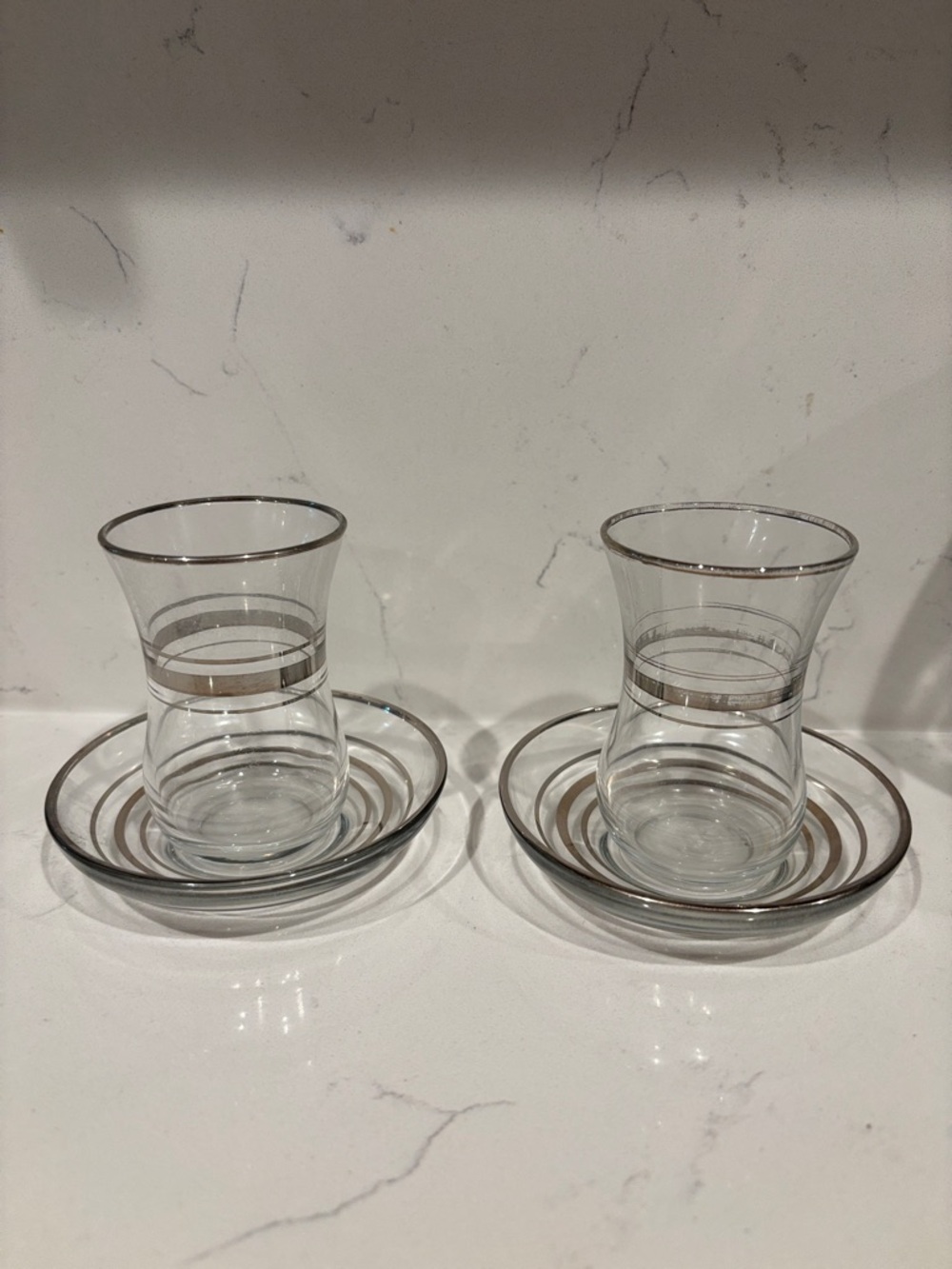 Set of 2 Clear Glass Tea Cups with Silver Trim